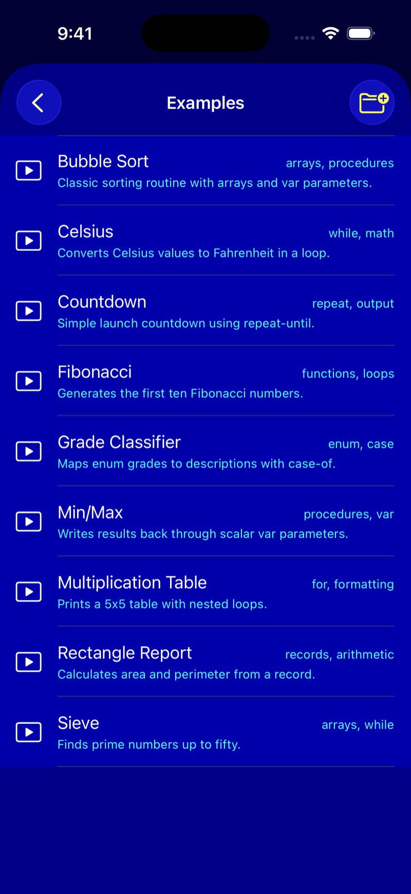 Pascal Playground example programs list