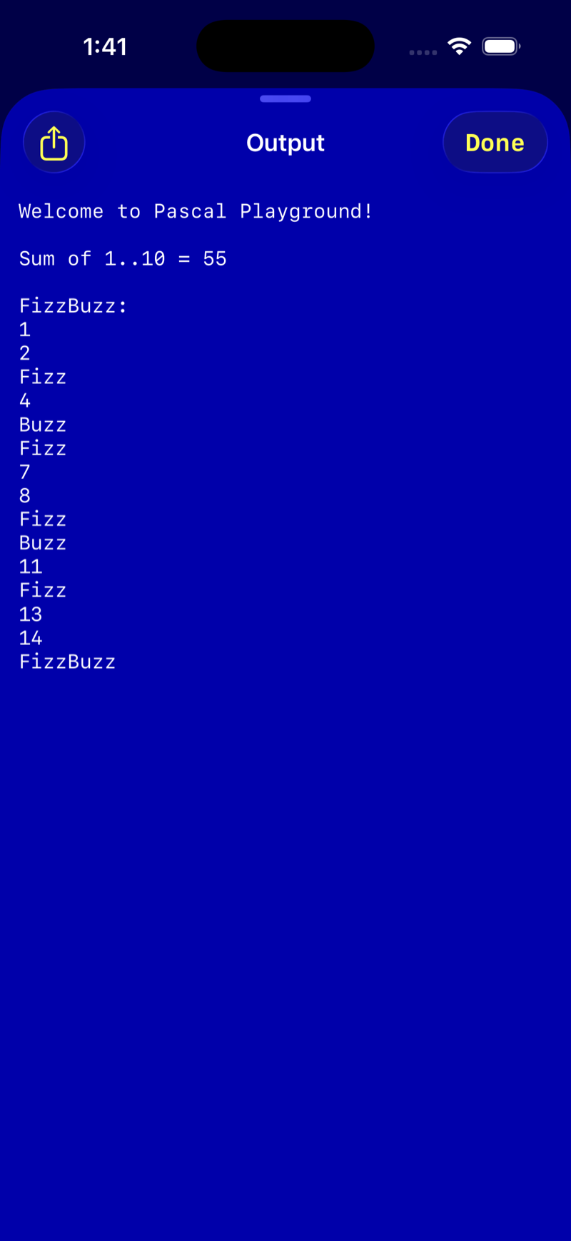 Pascal Playground output screen showing FizzBuzz results