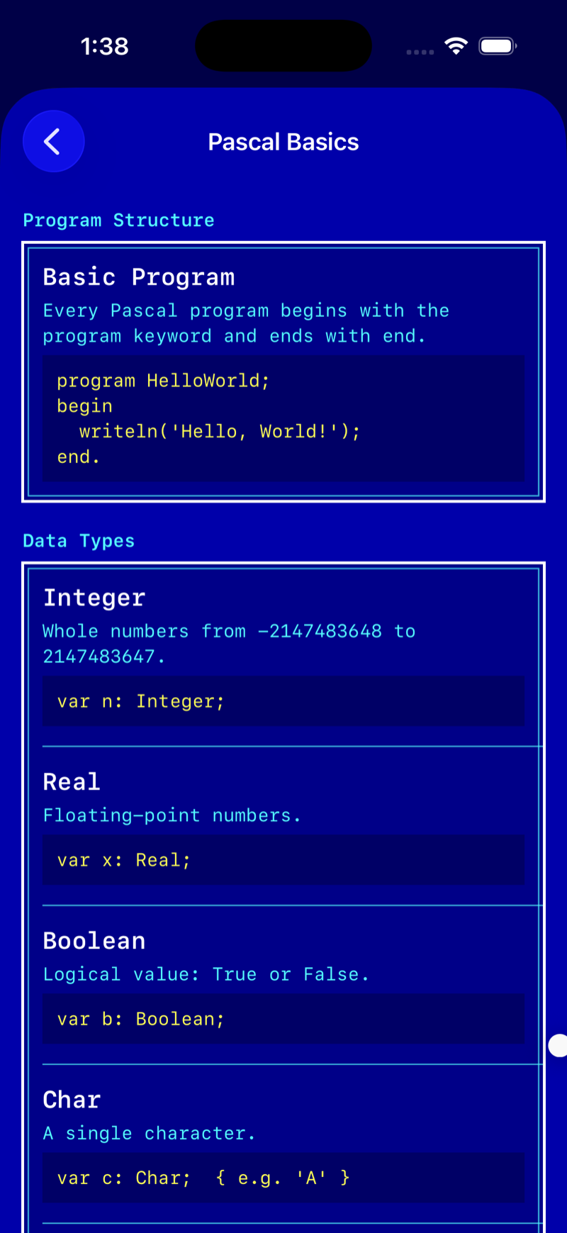 Pascal Basics reference screen