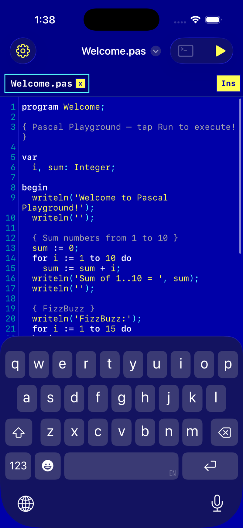 Pascal Playground retro theme showing code editor