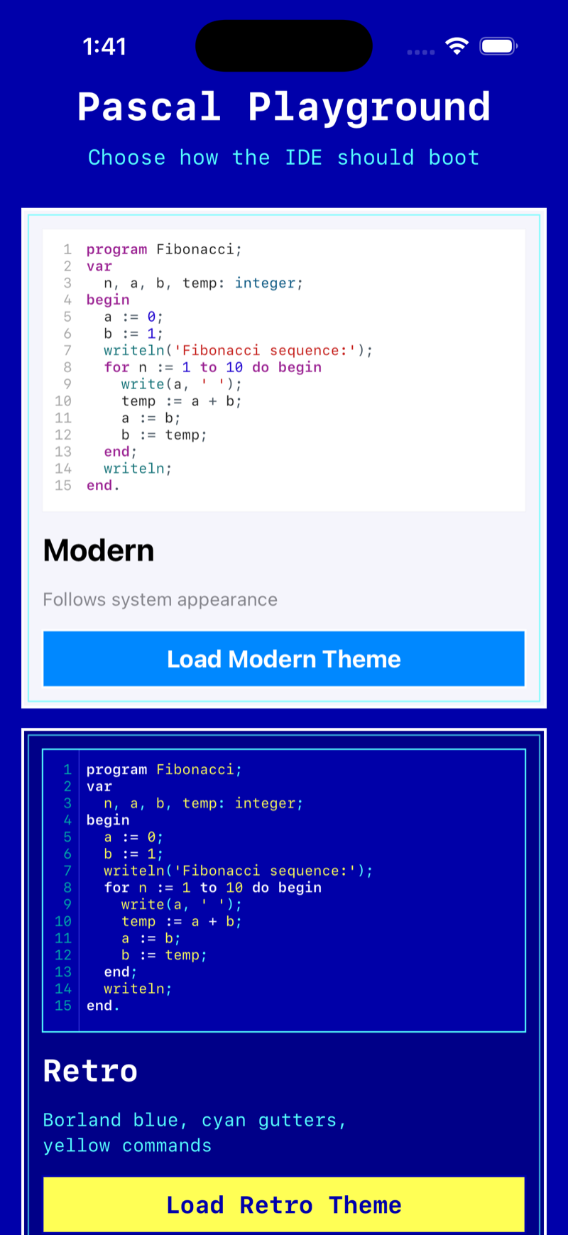 Pascal Playground theme selection onboarding screen
